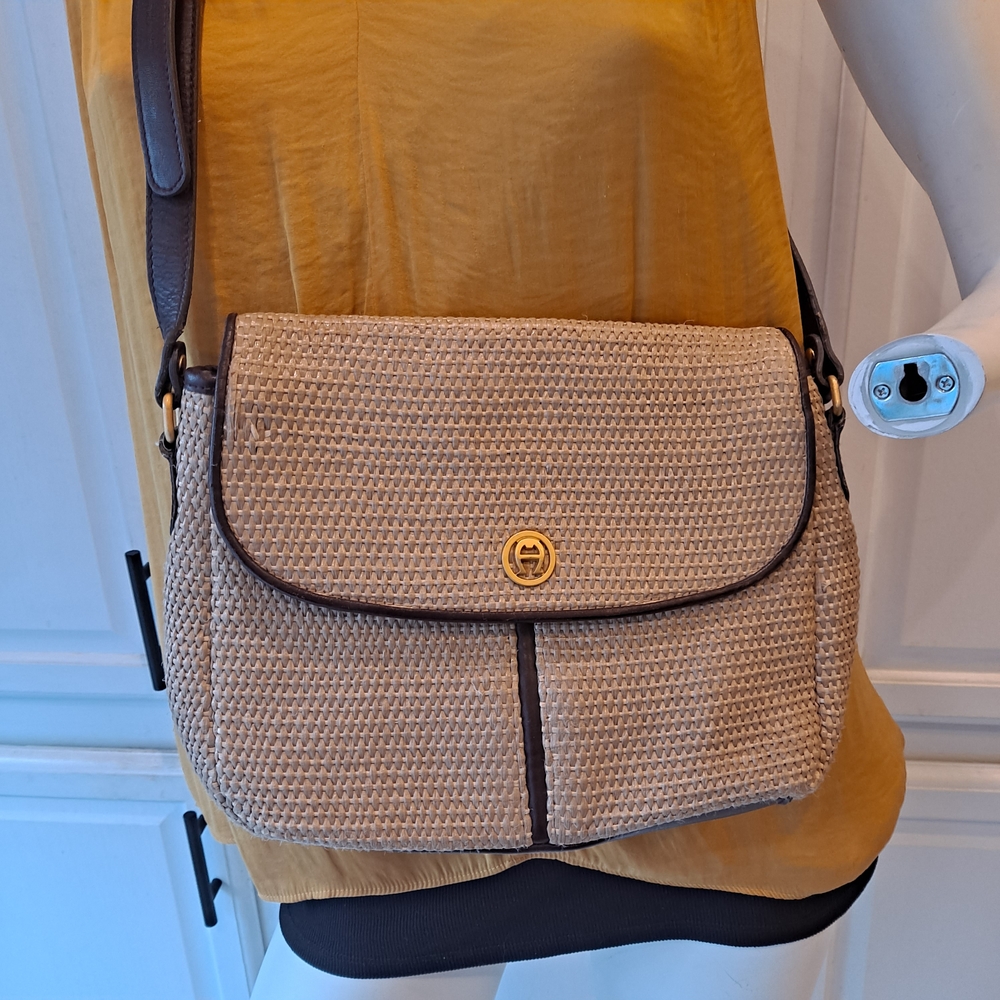 Etienne Aigner Vintage Tan Woven Straw and Brown Leather Crossbody Satchel Bag